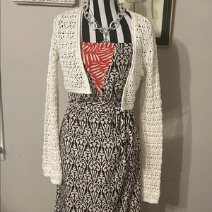 THML Black and Cream Strapless Maxi Dress with crochet cardigan Stradivarius